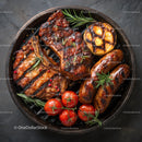 Grilled Steak and Sausages with Cherry Tomatoes and Rosemary