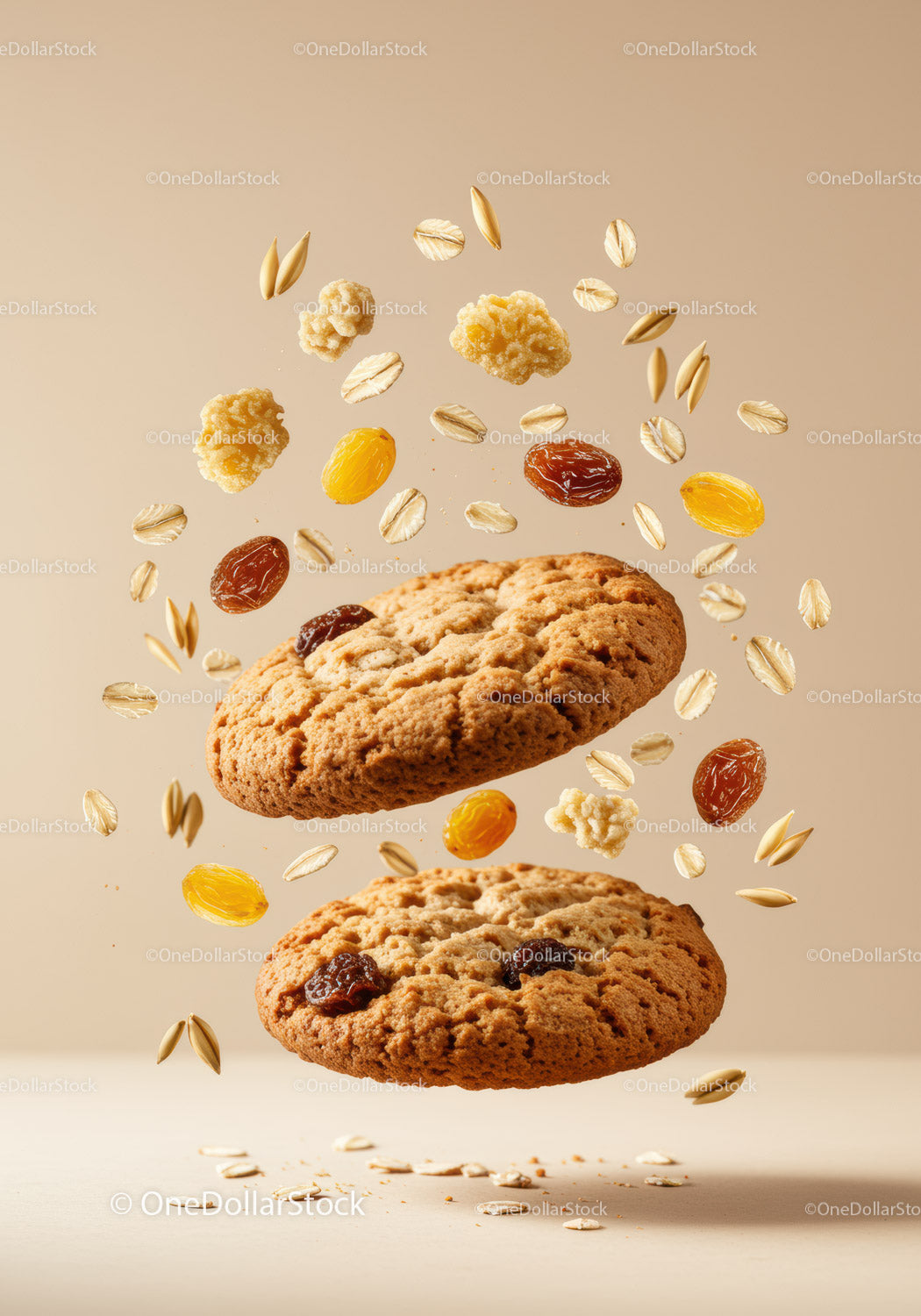 Oatmeal raisin cookies with flying natural ingredients