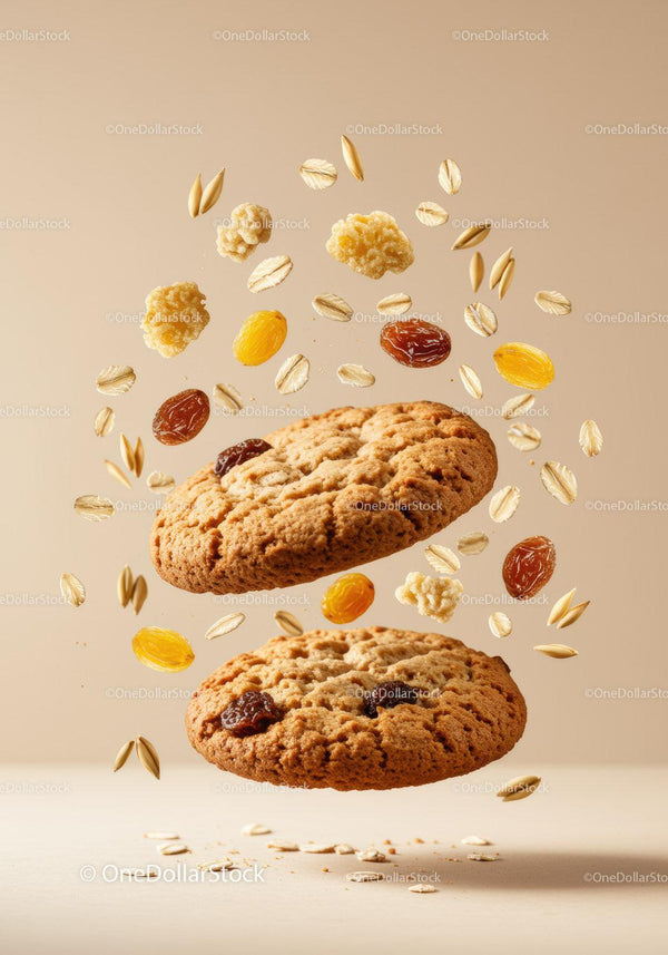 Oatmeal raisin cookies with flying natural ingredients