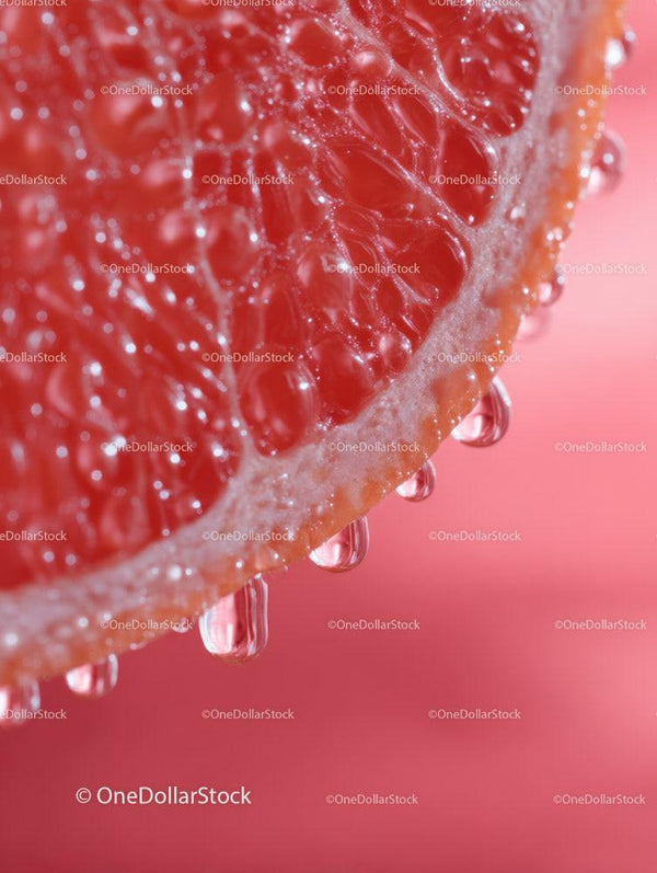 Close-up of Juicy Red Grapefruit Slice with Water Droplets