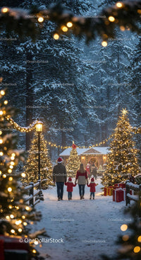 Family walking through festive snowy Christmas forest path