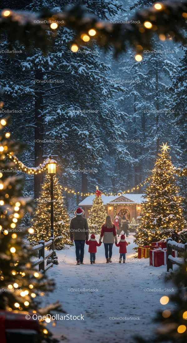 Family walking through festive snowy Christmas forest path