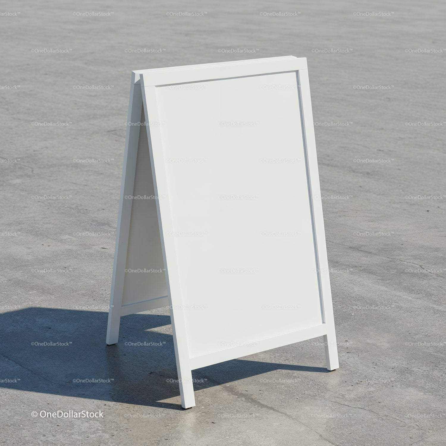 Blank white A-frame sidewalk sign on concrete surface