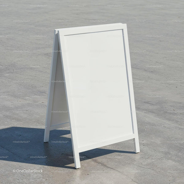 Blank white A-frame sidewalk sign on concrete surface JPG Mockup Image