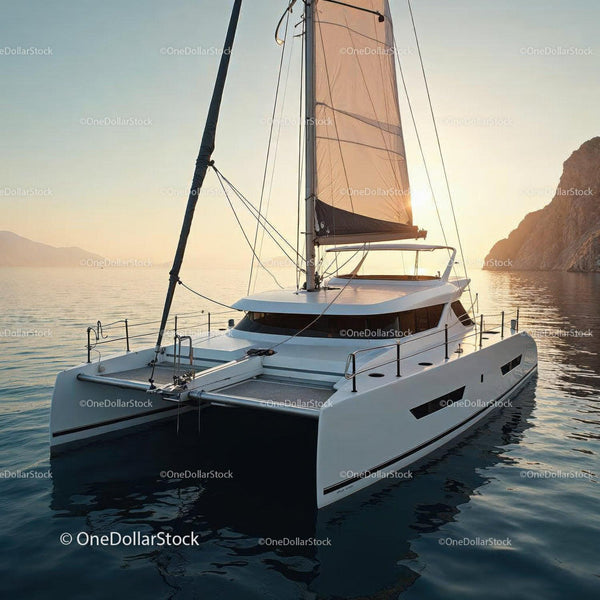 Luxury Sailing Yacht at Sunset Over Calm Ocean Water