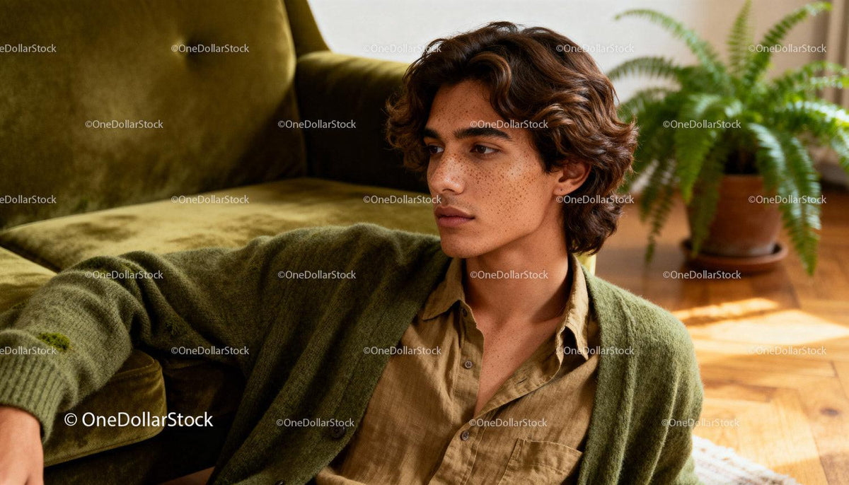 Thoughtful young man relaxing on olive green couch