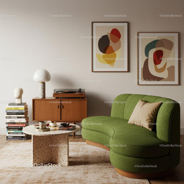 Modern living room with green curved sofa and abstract art