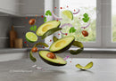 Fresh avocado ingredients floating in modern kitchen