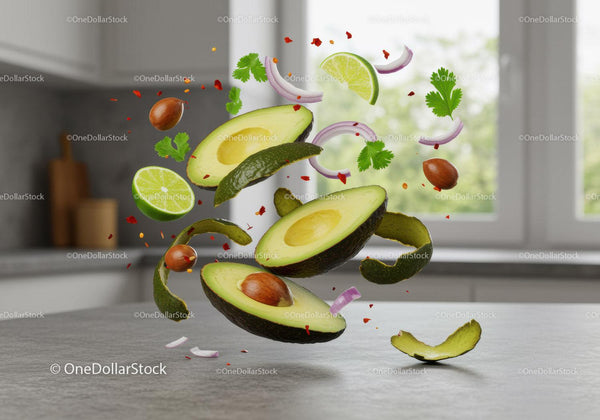Fresh avocado ingredients floating in modern kitchen