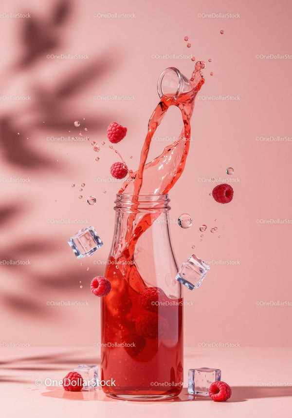 Refreshing Raspberry Juice Splash in Glass Bottle