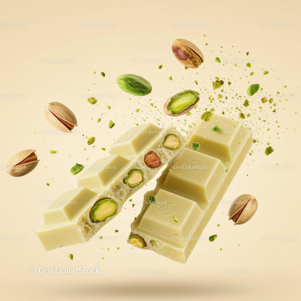 Broken white chocolate bar with pistachios flying