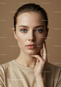Portrait of Young Woman with Blue Eyes and Clear Skin in Minimalistic Studio Setting