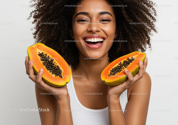 Joyful Woman Holding Fresh Mango and Papaya Slices for Wellness