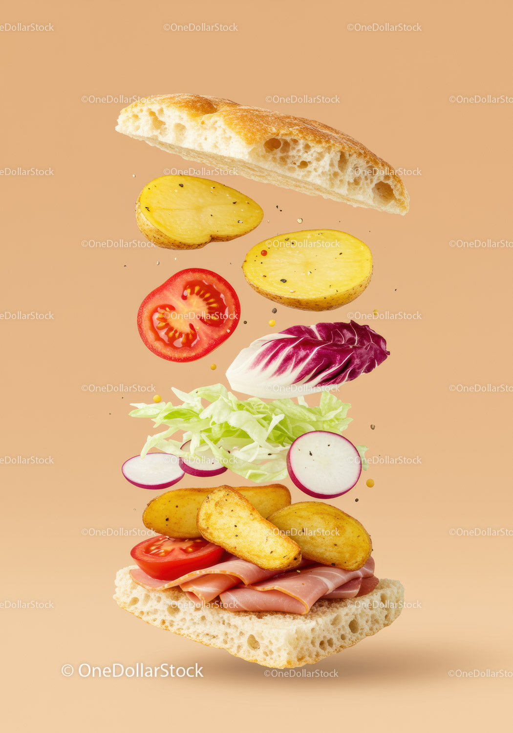 Fresh sandwich ingredients flying in midair on beige background