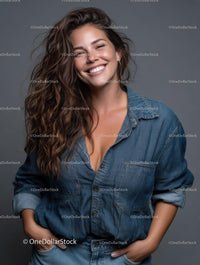 Smiling woman in denim shirt showcasing confidence and style