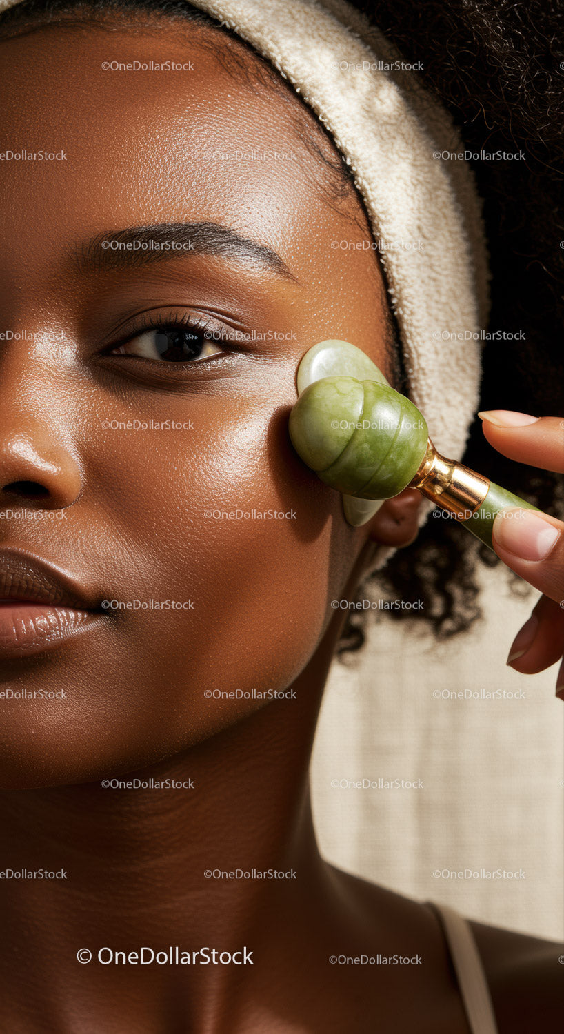 Black Woman Using Gua Sha Facial Massage Tool for Glowing Skin