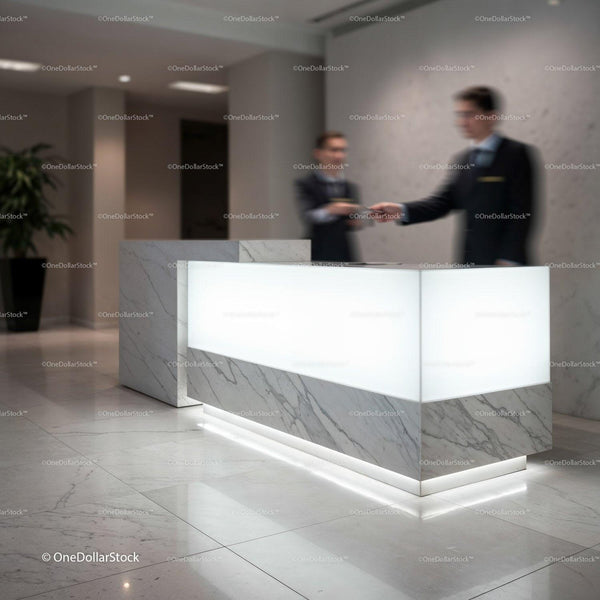 Modern marble reception desk with professional staff JPG Mockup Image