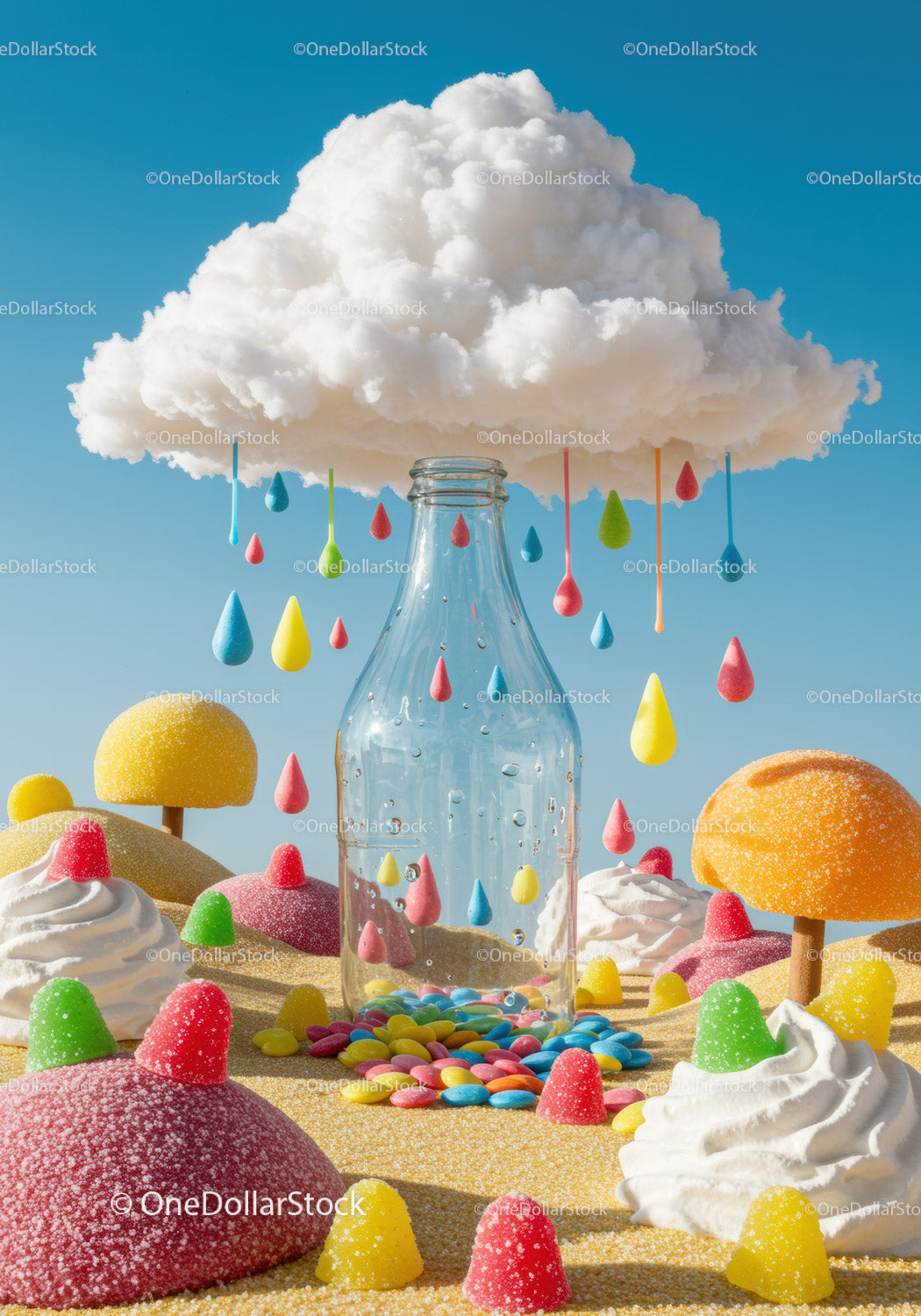 Colorful Candy Landscape with Glass Bottle and Cloud Drops