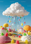 Colorful Candy Landscape with Glass Bottle and Cloud Drops