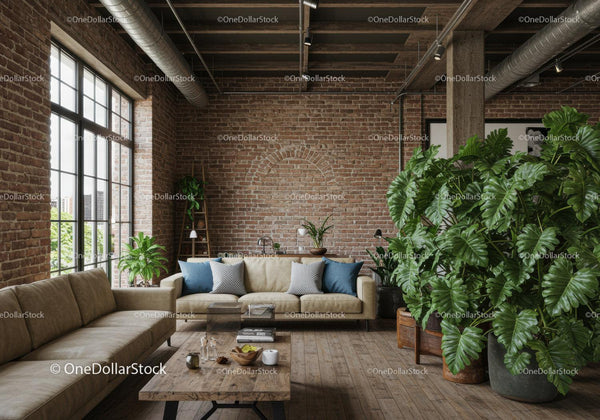 Industrialny loft z zielonymi roślinami i nowoczesnym wystrojem salonu