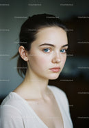 Portrait of a Young Woman with Blue Eyes and Freckles in Natural Light