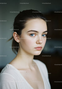 Portrait of a Young Woman with Blue Eyes and Freckles in Natural Light