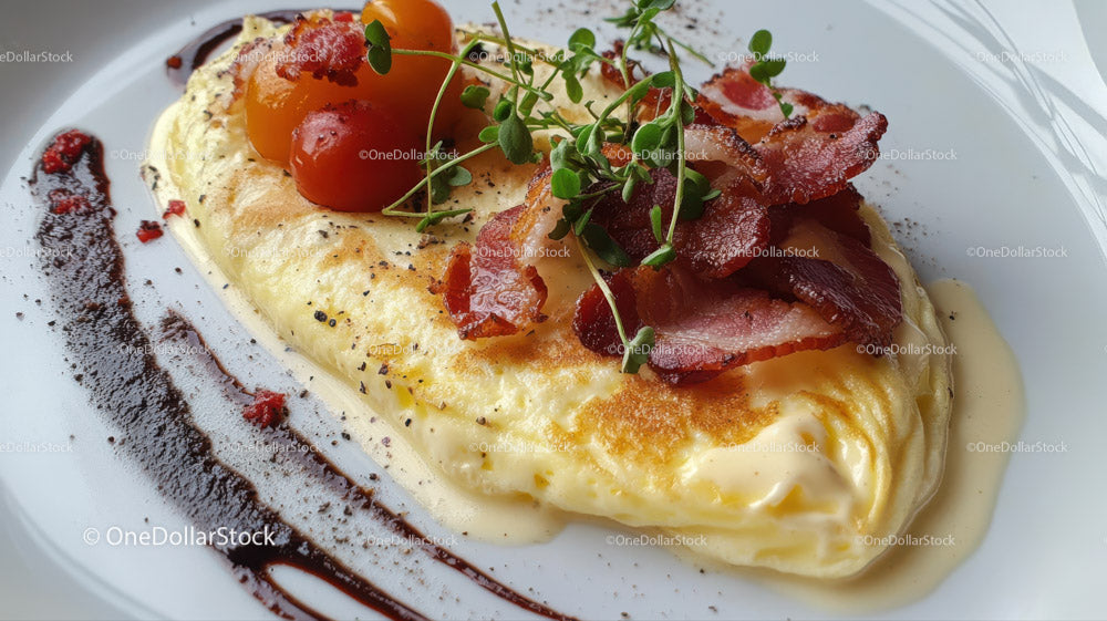 Gourmet Breakfast Plate with Bacon Cherry Tomatoes and Microgreens