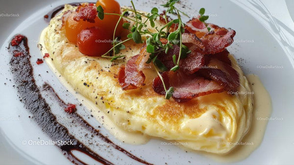 Gourmet Breakfast Plate with Bacon Cherry Tomatoes and Microgreens