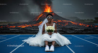 Bride in Wedding Dress Amidst Erupting Volcano