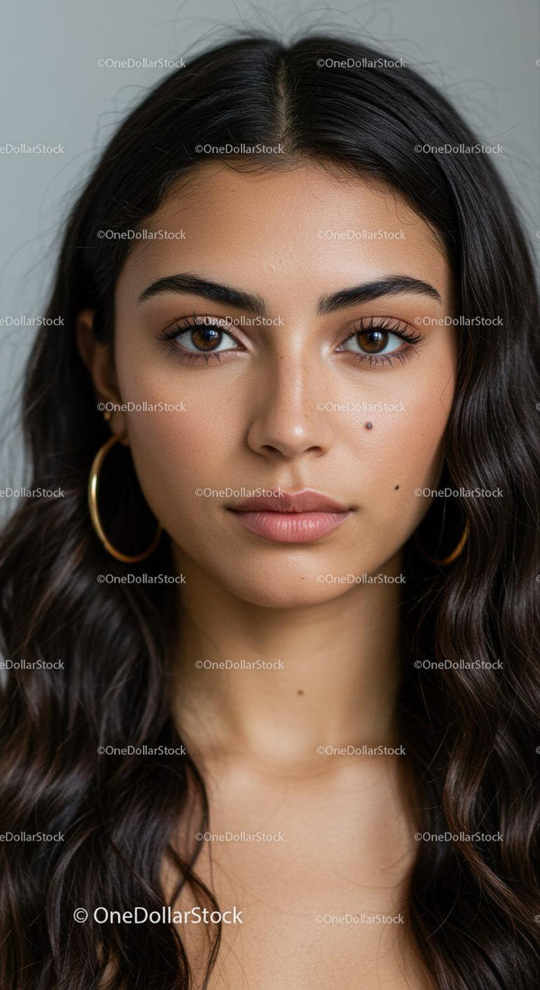 Oszałamiający Portret Kobiety z Długimi Falowanymi Włosami i Brązowymi Oczami