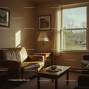 Cozy Living Room with Sunlight Streaming Through Large Window