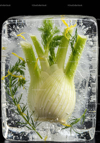 Fresh fennel bulb and herbs frozen in ice cube