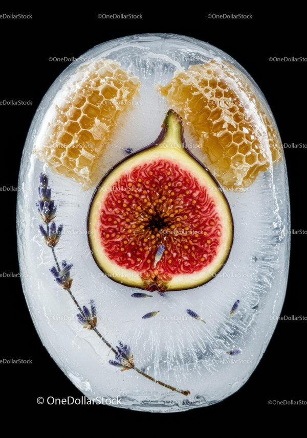 Fig slice honeycomb and lavender in clear ice block