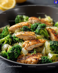 Healthy Grilled Chicken with Broccoli and Onion in a Black Bowl