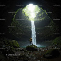 Mysterious Waterfall in Enchanted Cave Surrounded by Lush Forest