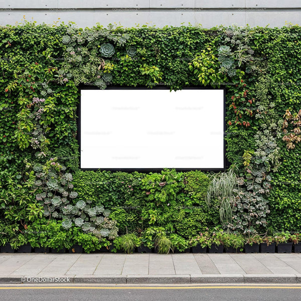 Urban green wall with blank white billboard space JPG Mockup Image