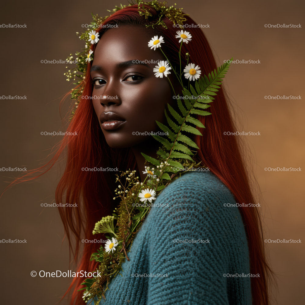 Elegant Woman with Floral Headpiece and Red Hair in Nature Scene