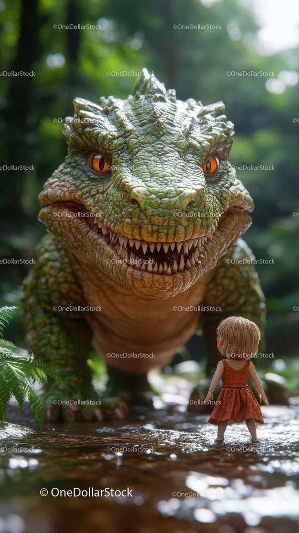 Dziecko stojące naprzeciw gigantycznego dinozaura w bujnym lesie