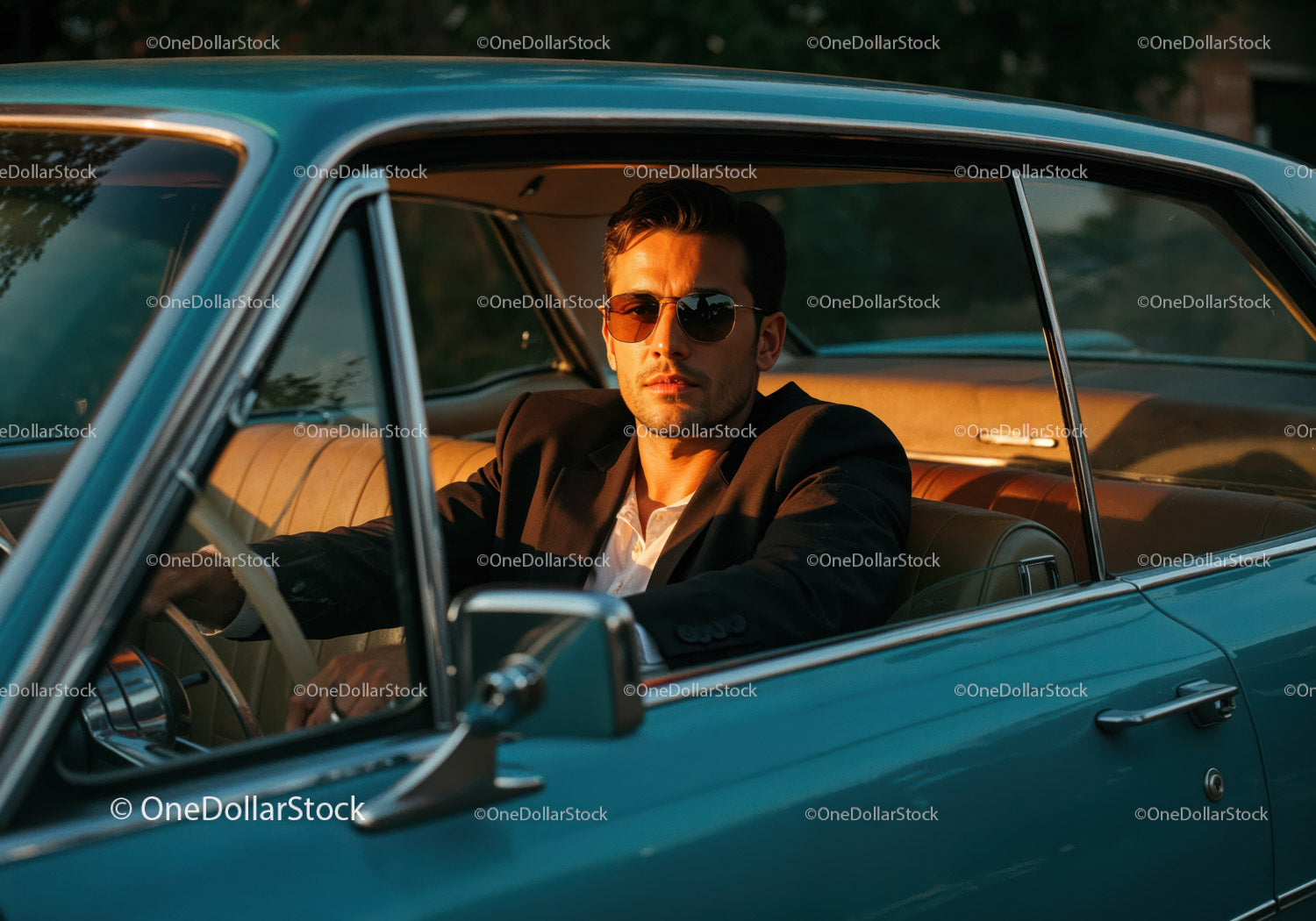 Stylish Man in Sunglasses Sitting in Classic Vintage Car at Sunset