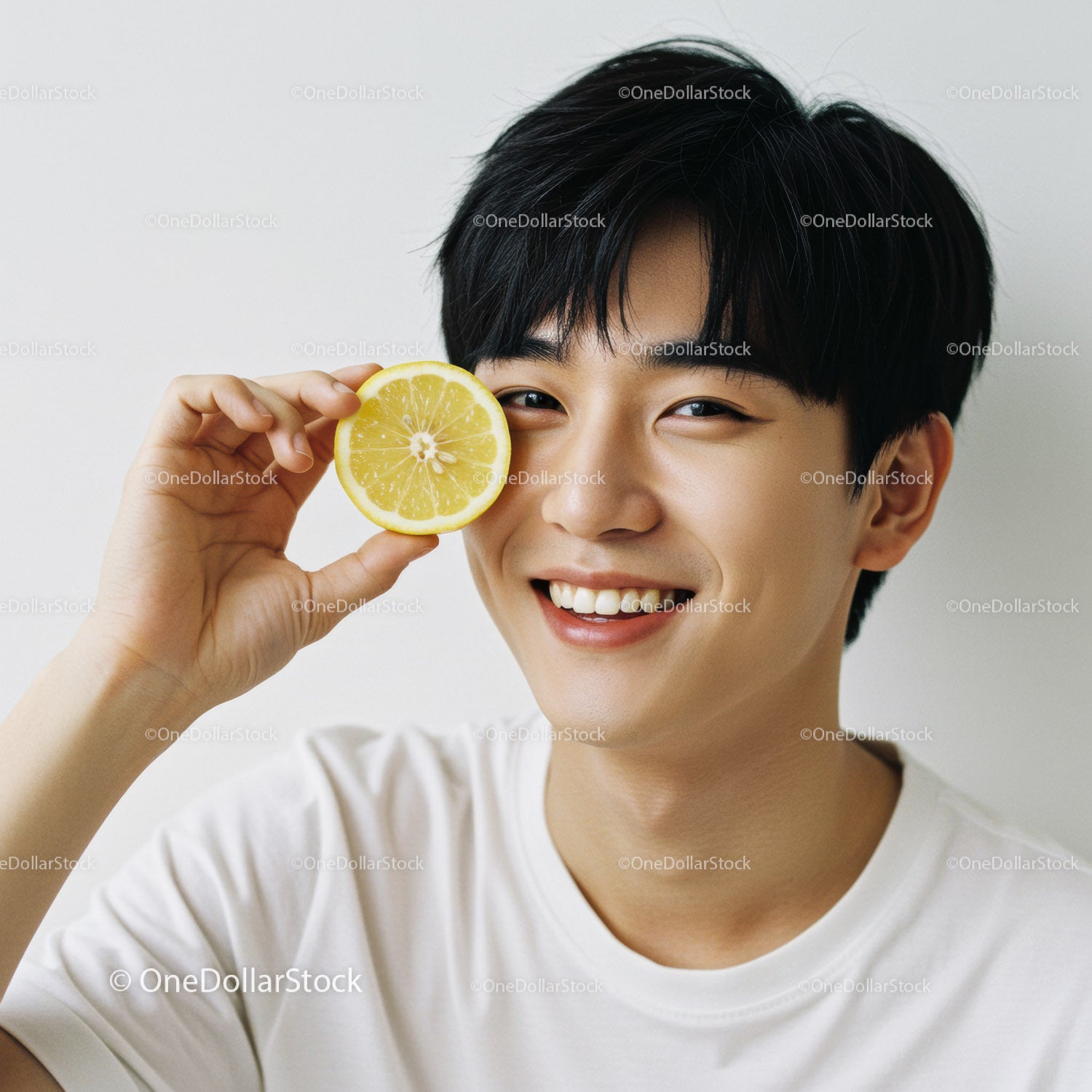 Happy Young Man with Lemon Slice Portrait Bright Fresh Citrus Lifestyle