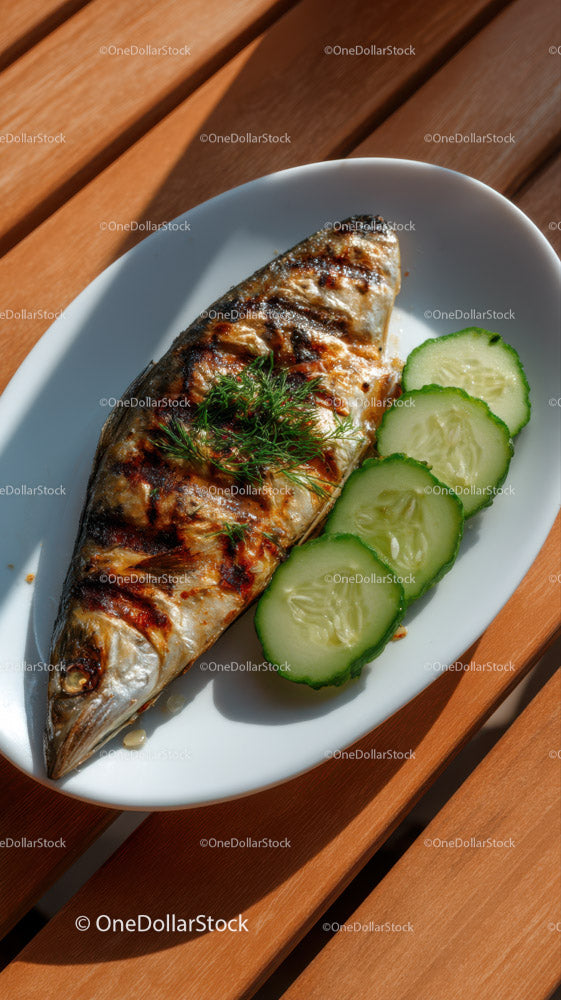 Grilled Fish with Cucumber Slices on a White Plate