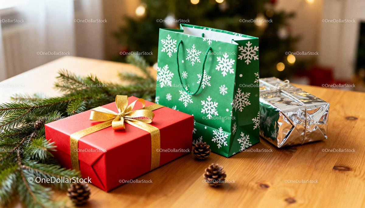 Festive Christmas Gifts and Green Snowflake Bag on Table