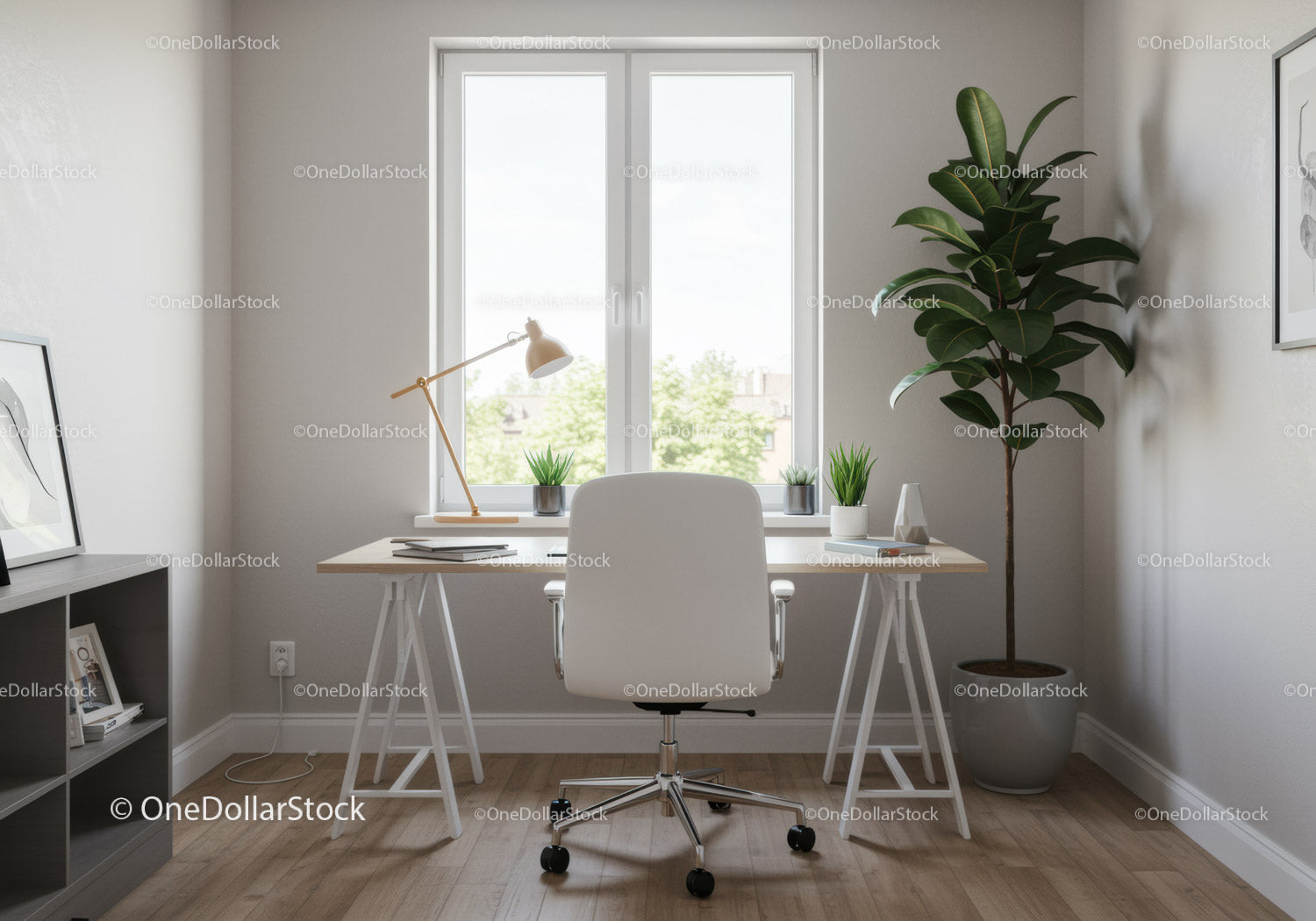 Bright Modern Home Office with Desk, Chair, Plants and Natural Light