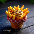 French fries with vanilla ice cream and chocolate sprinkles in waffle cone