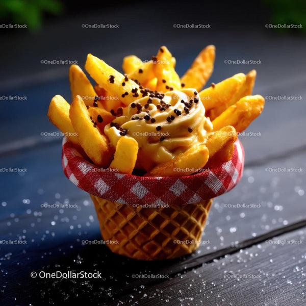 Frytki z lodami waniliowymi i czekoladowymi posypkami w rożku waflowym