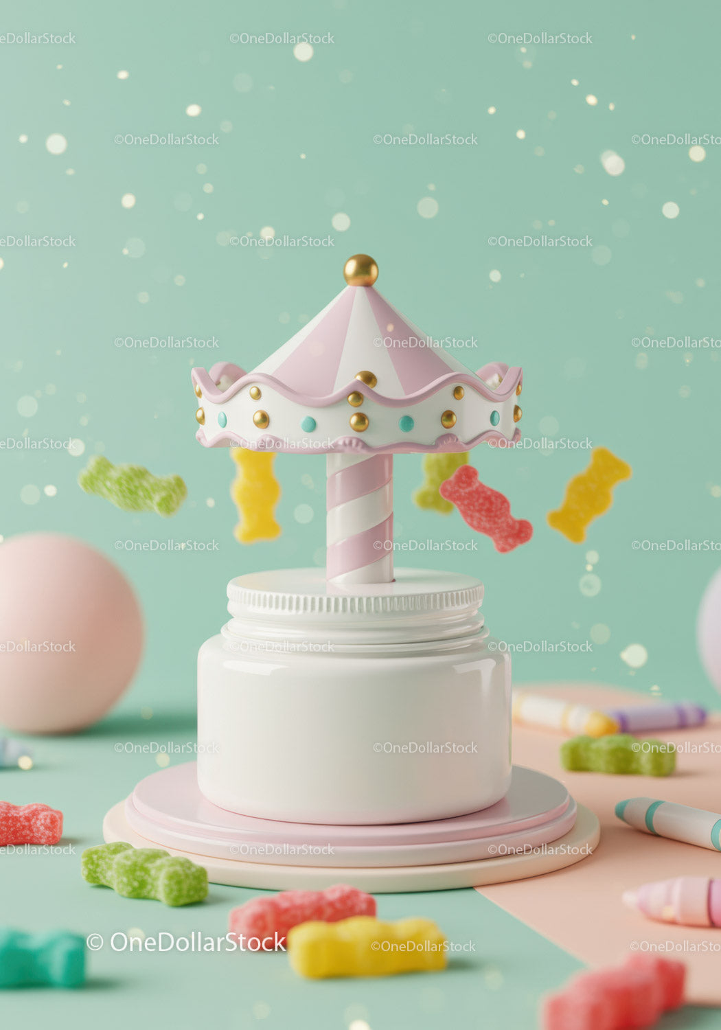 Whimsical Carousel Toy on White Container with Gummy Bears