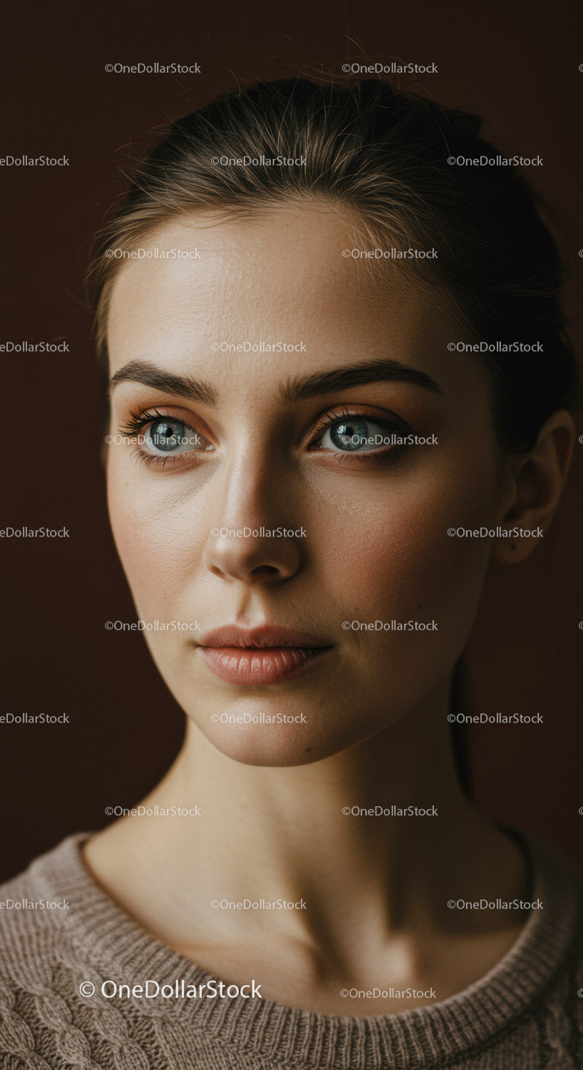 Portret zamyślonej młodej kobiety z naturalnym makijażem