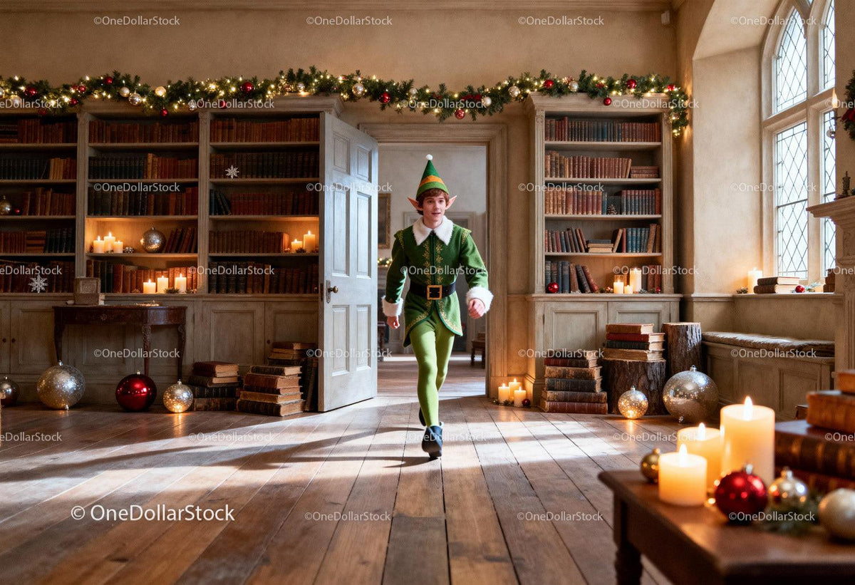 Festive Elf Running Through Cozy Library Room