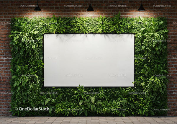 Modern blank whiteboard surrounded by lush greenery JPG Mockup Image