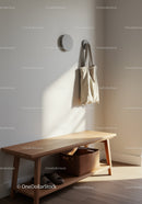 Simple Wooden Bench with Beige Tote Bag and Wall Hooks in Minimalist Home